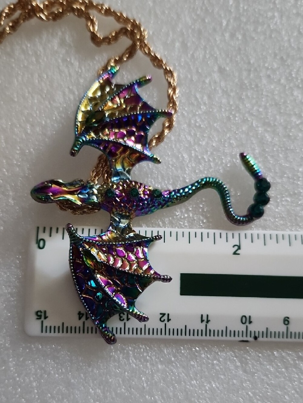 Hand Crafted Iridescent Dragon Pendant Necklace - Gold Chain - Picture 10 of 11